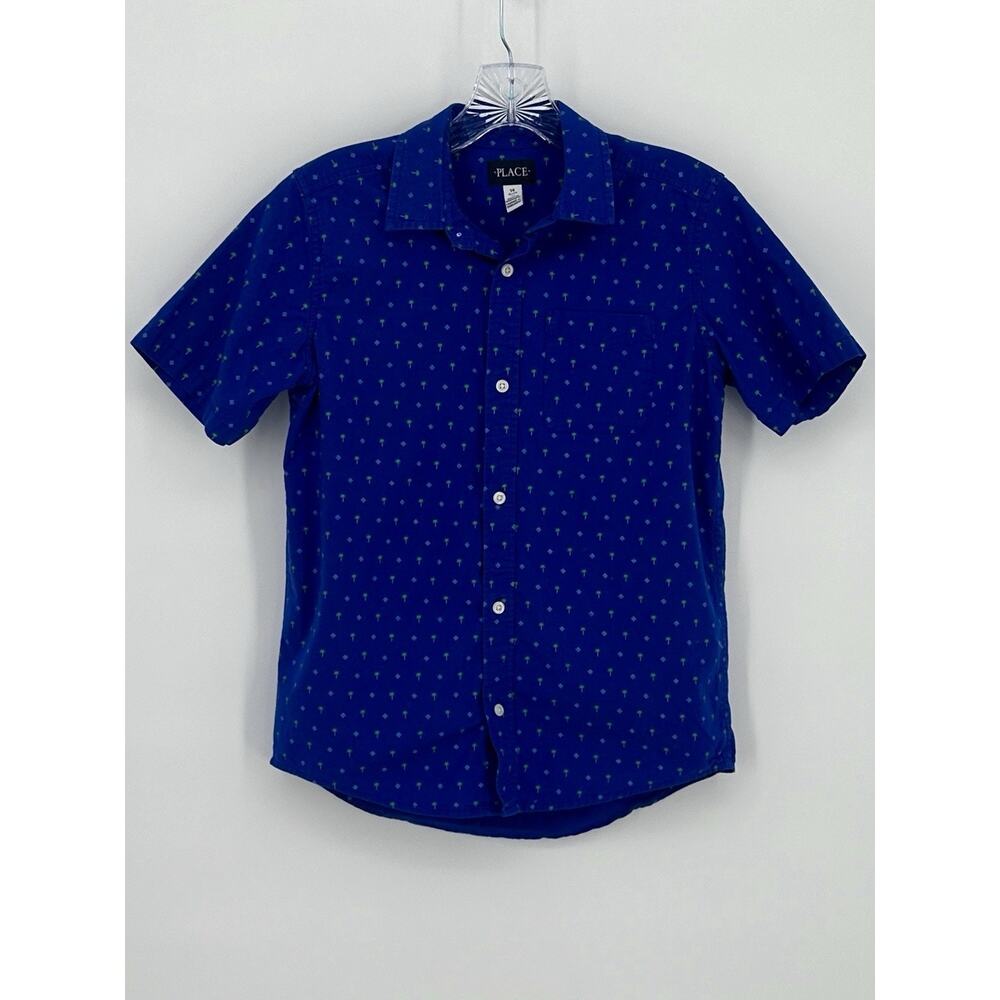 The Children’s Place Boys Palm Tree Button Down Shirt Blue 100% Cotton XL 14